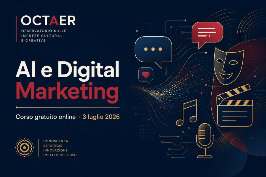 locandina con maskera chack microfono e nota musicale con scritto AI e Digital Marketing