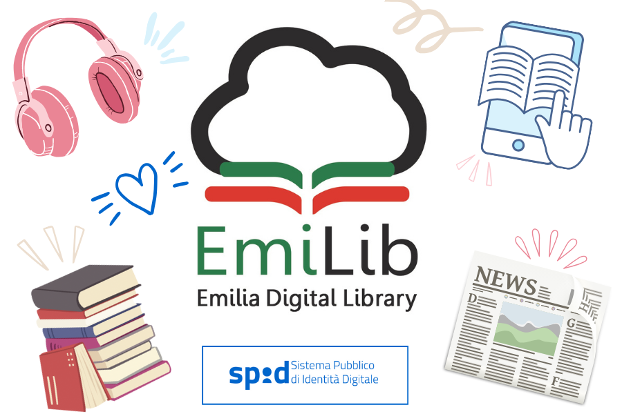 Logo di Emilib e logo di SPID al centro. Sulla sinistra l'immagine di una pila di libri colorati e delle cuffie rosa. Sulla destra l'immagine di un quotidiano e di uno smartphone.