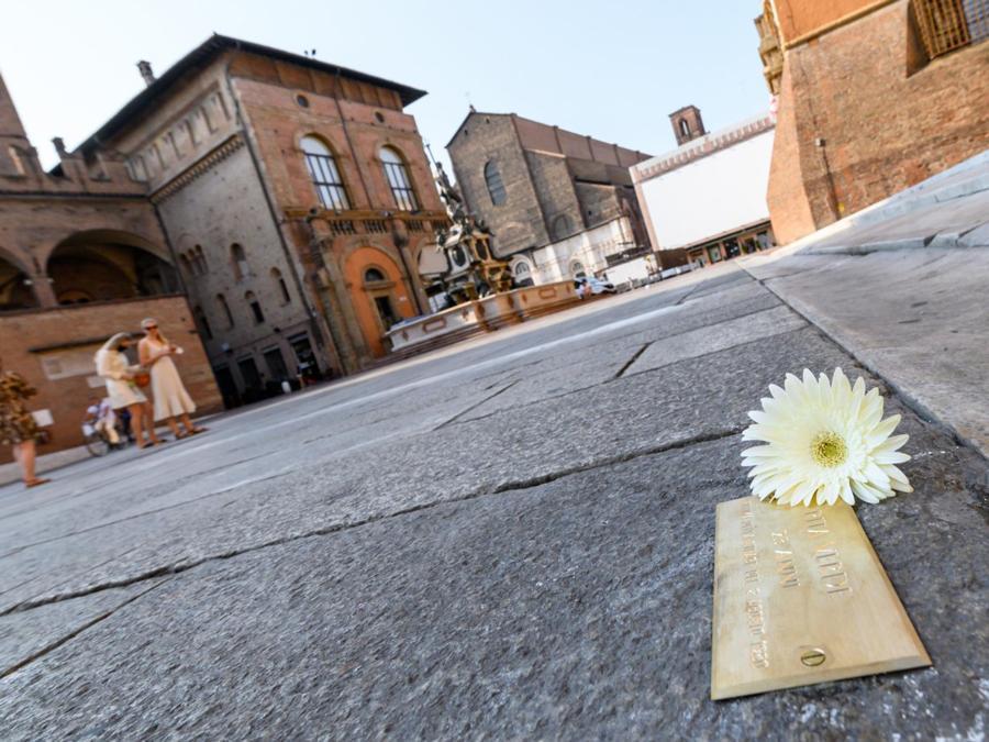 Foto di piazza del Nettuno, con targa commemorativa in primo piano e un fiore