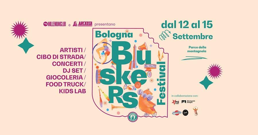 Bologna Buskers Festival verde su sfondo rosa con date e due stelline