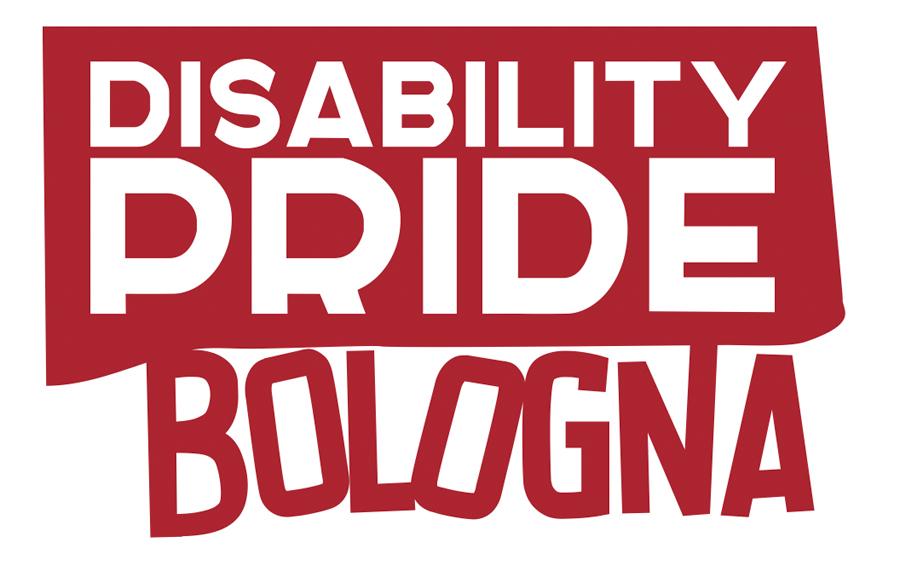 logo disability pride con scritto "disability pride bologna", colore rosso e bianco