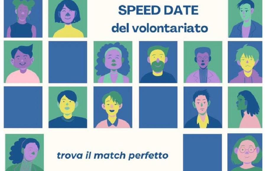 speed date volontariato. Con i disegni di volti umani stilizzati come se fossero delle foto tessera. Sotto la scritta "trova il match perfetto