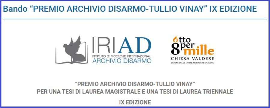 Immagine che descrive il bando premio tesi di laurea Tullio Vinay con loghi e collaborazioni Archivio Disarmo e Tavola Valdese