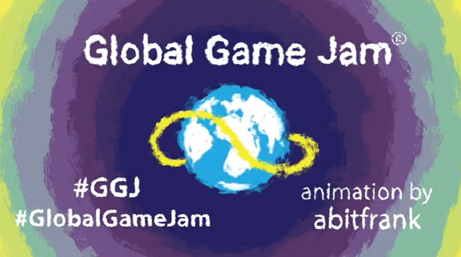 Immagine stilizzata/disegnata dell'evento/manifestazione internazionale del Global Game Jam. Colori dal viola al verde al giallo