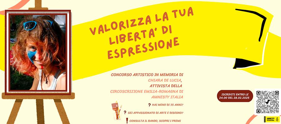 sfondo chiaro, in alto uno striscione giallo con scritto "valorizza la tua libertà di espressione". Sulla sinistra la foto di Chiara De Lucia, in basso le informazioni sul bando