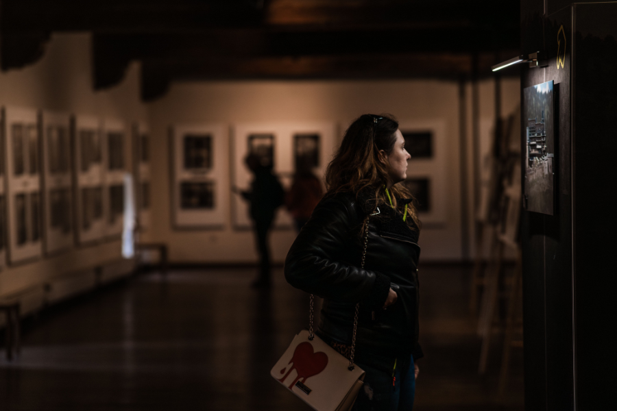 donna che guarda un'opera artistica in un museo scarsamente illuminato