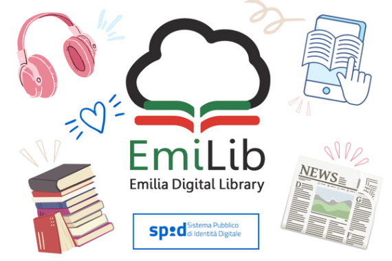 Logo di Emilib e logo di SPID al centro. Sulla sinistra l'immagine di una pila di libri colorati e delle cuffie rosa. Sulla destra l'immagine di un quotidiano e di uno smartphone.