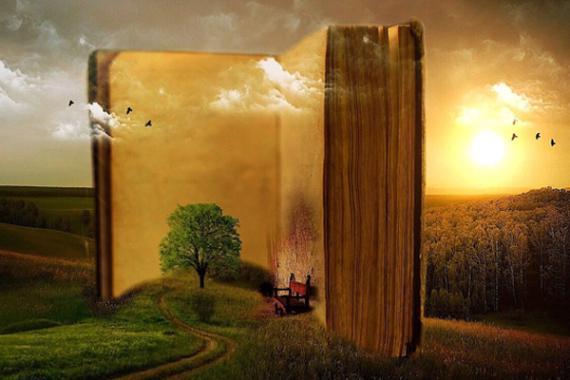 illustrazione di un libro aperto su uno sfondo collinare-bucolico. Nel cielo volano uccelli.