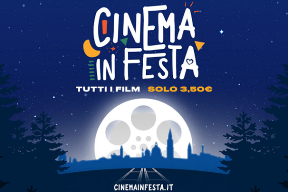 Una bobina/luna che illumina il paesaggio sotto la scritta Cinema in Festa