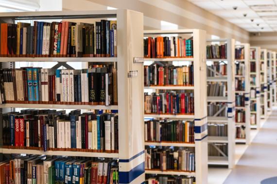 Scaffale di libri scolastici all'interno di una biblioteca