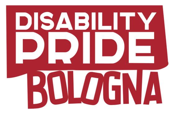 logo disability pride con scritto "disability pride bologna", colore rosso e bianco