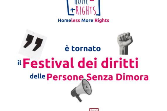 testo con un megafono e un pugno chiuso come immagini, dice "è tornato il festival dei diritti delle persone senza dimora"