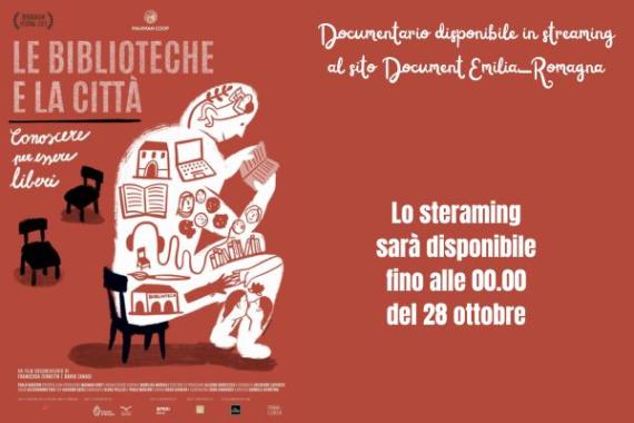 grafica del documentario "le biblioteche e la città", disponibile in streaming fino alle 00.00 del 28 ottobre 2024