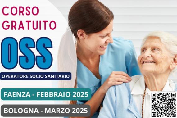 Donna che poggia le mani sulle spalle di una signora anziana, le due si sorridono reciprocamente. La scritta dice "corso gratuito OSS; Faenza - Febbraio 2025; Bologna - Marzo 2025"