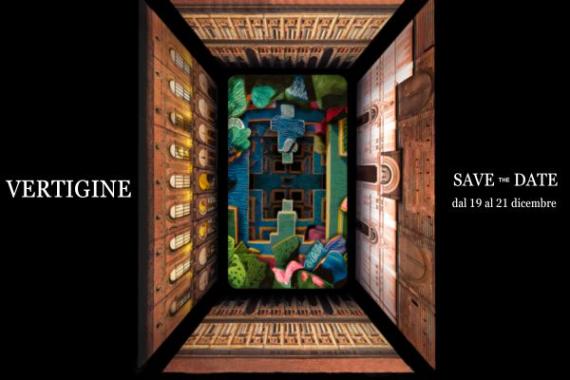 vertigine, immagine su sfondo nero con dei palazzi e dei disegni astratti. "Save the date" dal 19 al 21 dicembre"