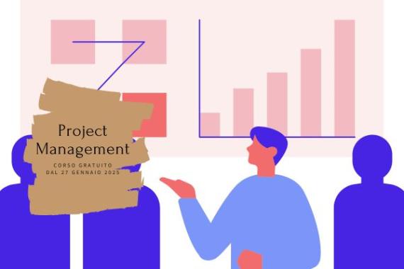 Grafica di persone che analizzano dei grafici, con la scritta "project management. corso gratuito che inizia dal 27 gennaio 2025"