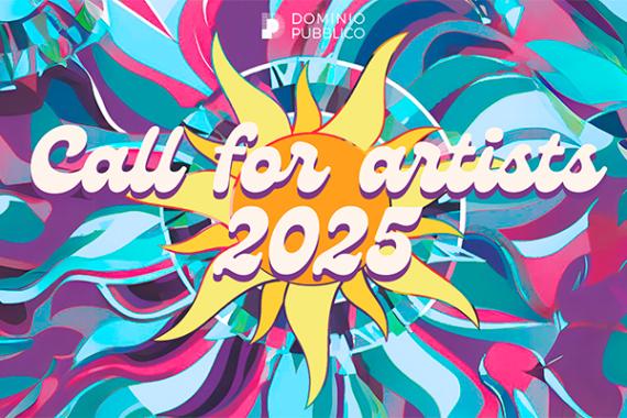 sfondo con colori mischiati, un sole al centro e sopra la scritta "call for artists 2025" in primo piano