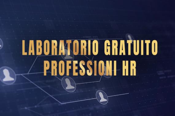 Teste di uomo sitlizzate e collegate tra loro in rete, con la scritta "laboratorio gratuito professioni HR" in oro