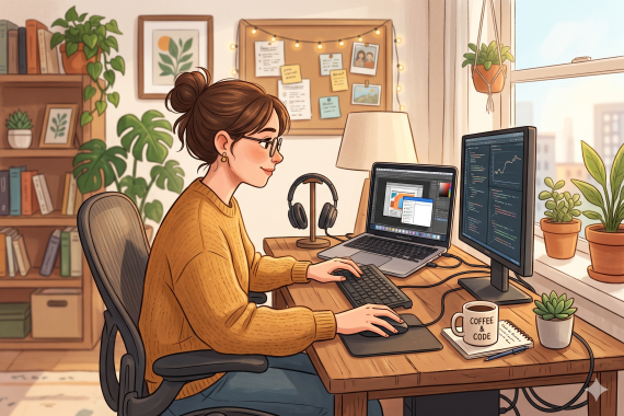 ragazza seduta alla scrivania che lavora al computer