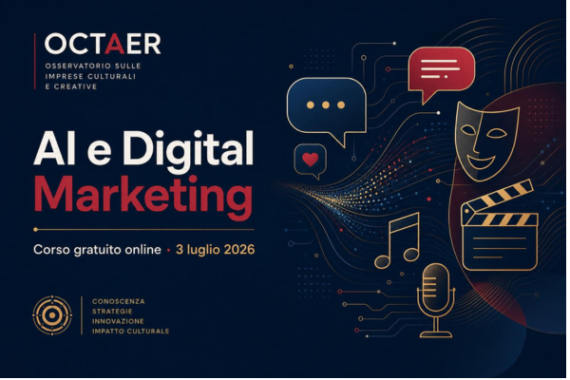 locandina con immagini di maschera teatrale microfono e nota con scritto AI e Digital Marketing